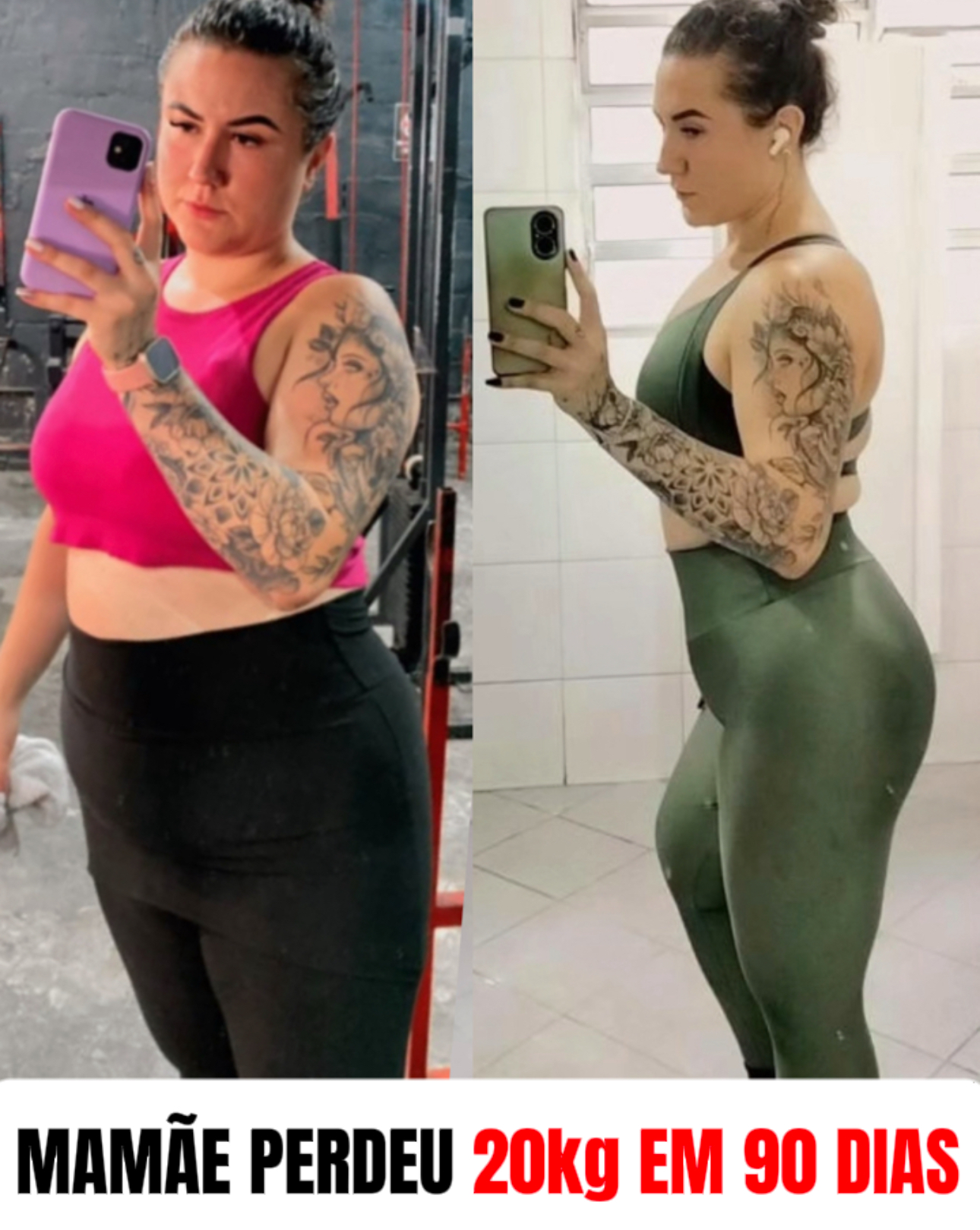 Antes e depois de uma aluna do acompanhamento, resultado em noventa dias